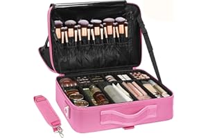 Relavel Makeup Case Large Makeup Bag Professional Train Case Travel Cosmetic Organizer Brush Holder Waterproof Makeup Artist Storage Box, 3 Layer Large Capacity, with Adjustable Strap, Rose Pink