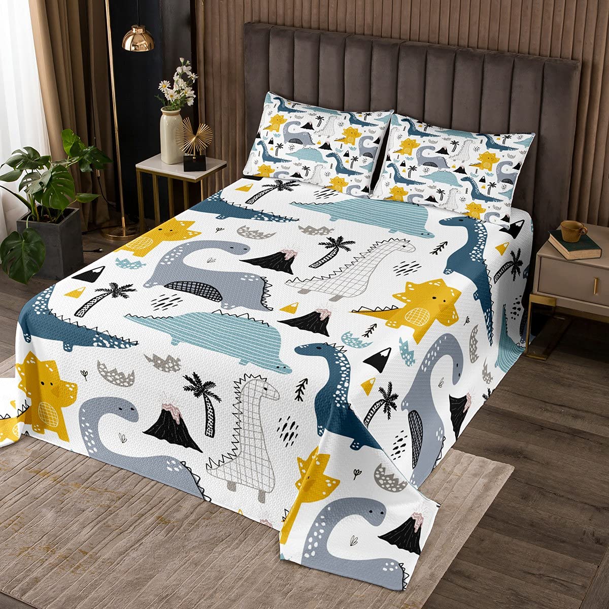 Loussiesd Kids Bedspread Single Quilted Bedspread Blanket Dinosaur Print Bed Throw Cartoon Animals Nice Dino Pattern Quilt Soft Microfiber with 1 Pillowcase for Girls Boys