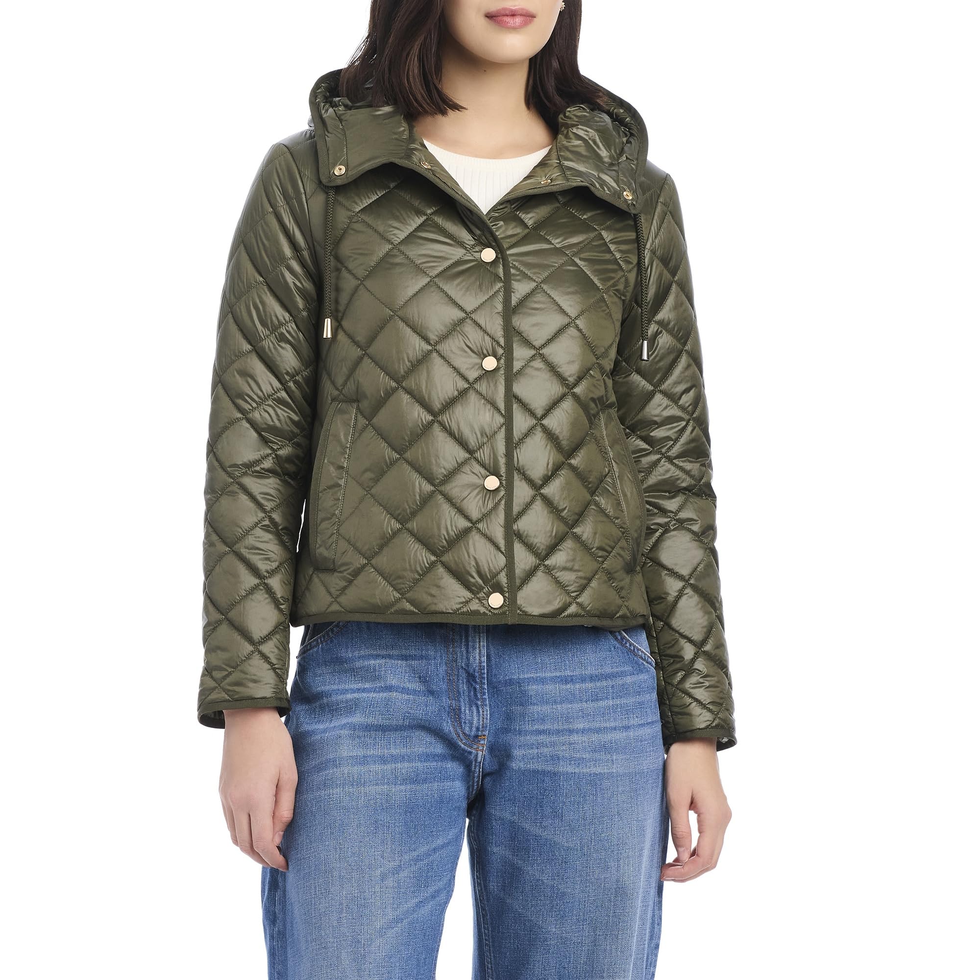 Photo 1 of kate spade new york Women's Packable Short Hooded Quilted Coat with Jacket Bag, Dark Olive (size unknown)