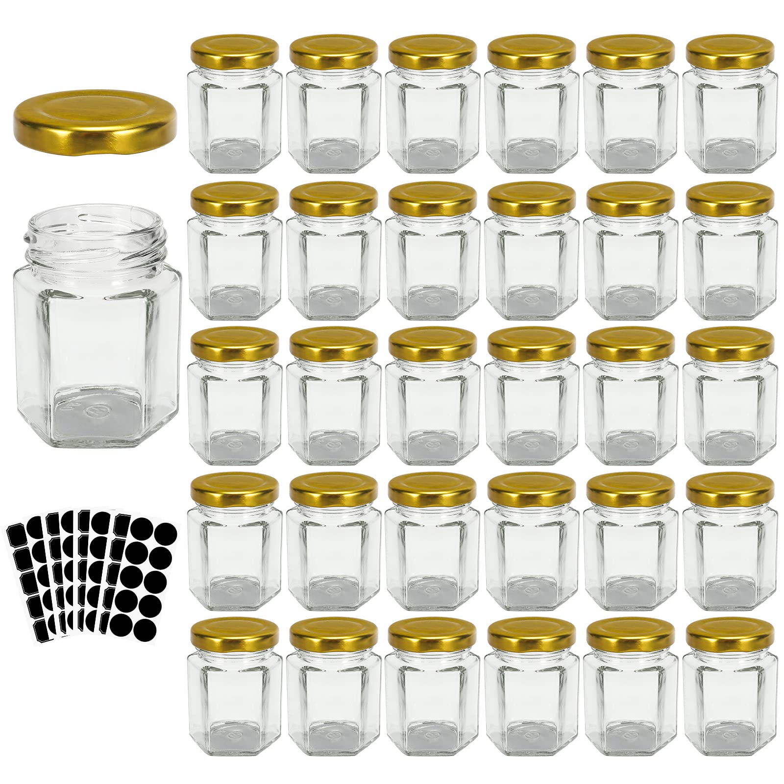 Photo 1 of 3 oz Hexagon Glass Jars with Gold Lids, 30 Pack Honey Jars Canning Jars Small Spice Jars for Jelly, Herb, Jams, Candy, Wedding Favors, Includes Labels and Pen