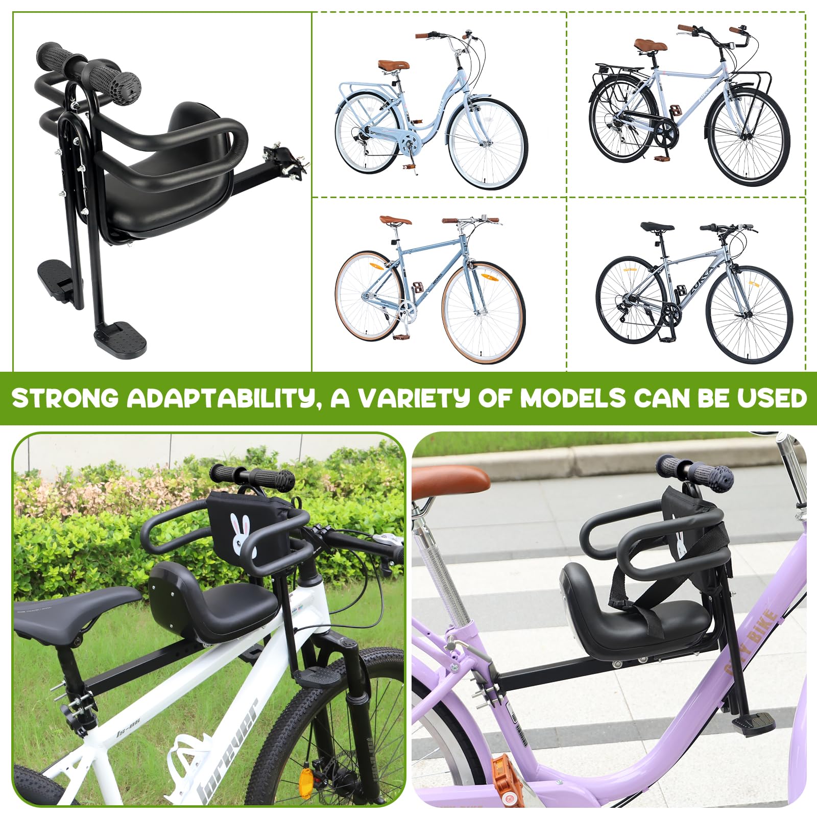 MEGHNA Bike Child Seat Front Mounted for Adult Bike Comfortable Baby Bike Seat with Backrest Adjustable Height and Position Bicycle Child Seat with Foot Pedals for Baby Toddle (Black - Style 1)