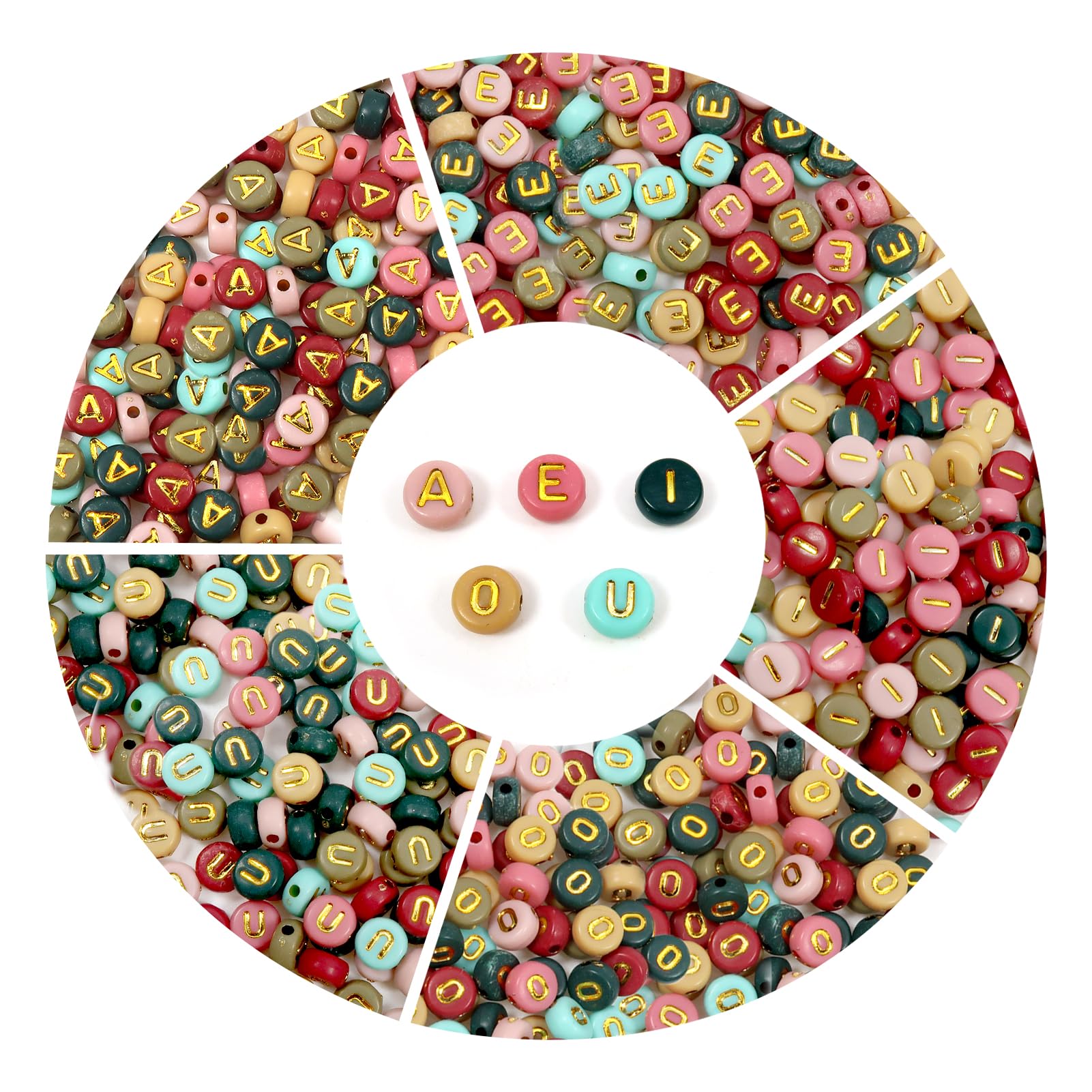 TOAOB 500pcs Vowel Letter Beads 7mm Round Colourful Acrylic Alphabet Beads with Golden Word A E I O U Beads for Bracelet Making