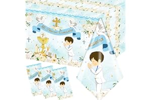 Gupesxu First Communion Decorations-3pcs Blue Mi Primera Comunion Tablecloth Baptism Table Covers for Boy Newborn Baby Shower Table Cloth for First Communion Baptism Decorations