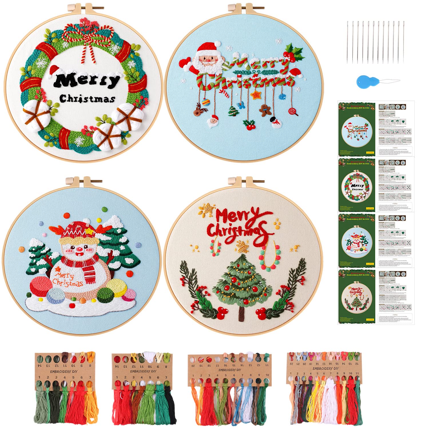 Christmas Embroidery Kit for Beginners Adults, 4 Set Embroidery Starters Kit Set with Christmas Tree Santa Claus Snowman, Full Range Of Cross Stitch Kits with Instructions Hoops Threads and Tools