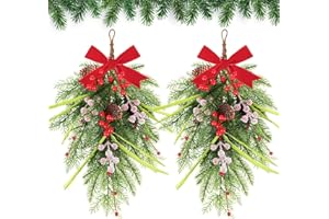 YLOLUL 24" Artificial Christmas Teardrop Swag 2 Pcs Faux Pine Needles Teardrop Door Swag Xmas Green Cedar Swags Winter Wreath with Red Berry for Kitchen Cabinet Table Mantle Fireplace Farmhouse Home Decor