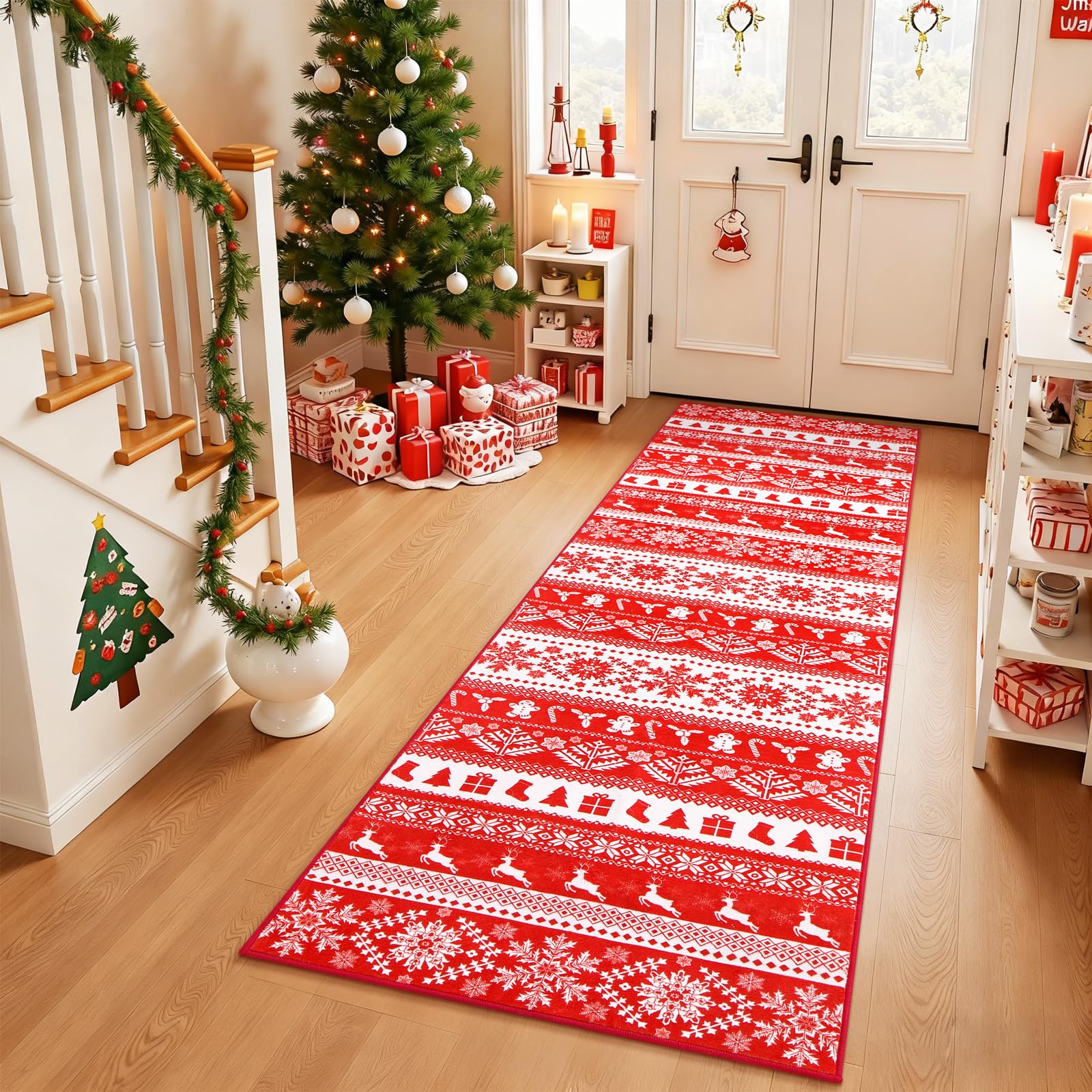 Photo 1 of Christmas 2x6 Hallway Runner Rug, Non Slip Warm Christmas Tree Snowflake Design, Entryway Machine Washable Classic Indoor Holiday Home Decor Carpet for Living Room Bedroom Dining Room, Red