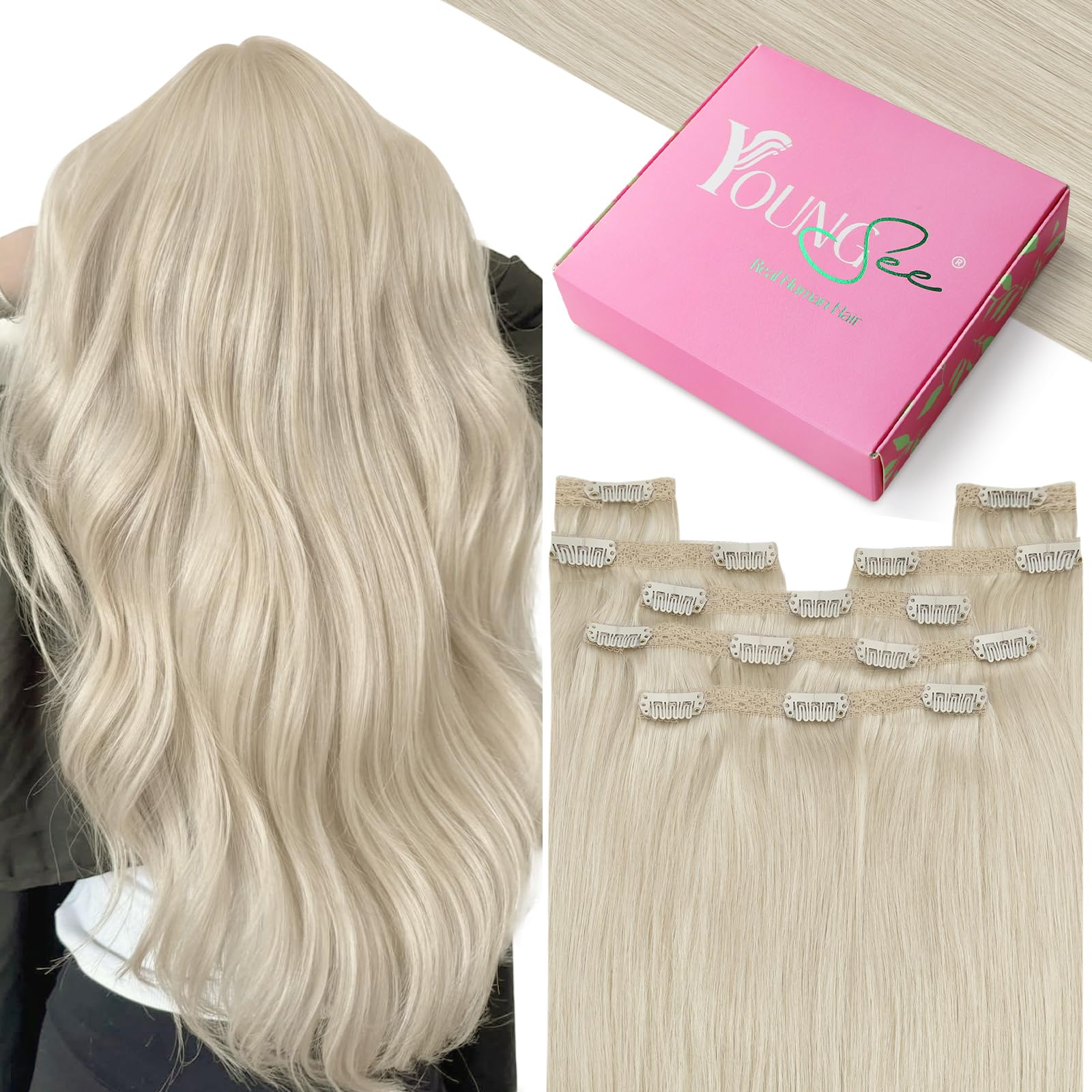 YoungSee Clip in Human Hair Extensions Blonde 14inch 120g Human Hair Clip in Extensions Platinum Blonde Clip in Hair Extension White Blonde for Wedding Silky Straight Full Head 7Pcs