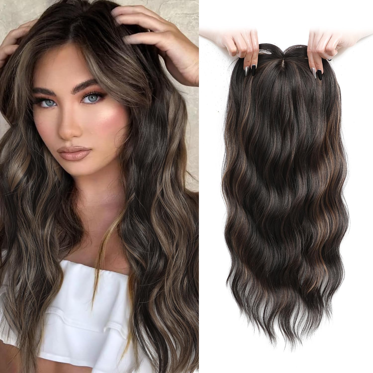 Fine Plus 20inch Wavy Synthetic Hair Topper for Women with Thinning Hair, Ombre Highlight, Clip In Fringe Toppers, Add Hair Volume