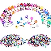 Junkin 200 Pieces Belly Button Rings Bulk Colorful Body Piercing Jewelry Navel Barbell Body Stainless Steel Belly Rings Piercing Jewelry for Women Girls