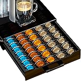 Vertuo Pod Holder Drawer, Nespresso Pods Holder, Holds 50 Big/75 Small pods | Fits Nespresso Vertuoline Pods,Nespresso Pod Organizer with Black Tempered Glass Top,Smooth Pull-Out Drawer,Compact Design