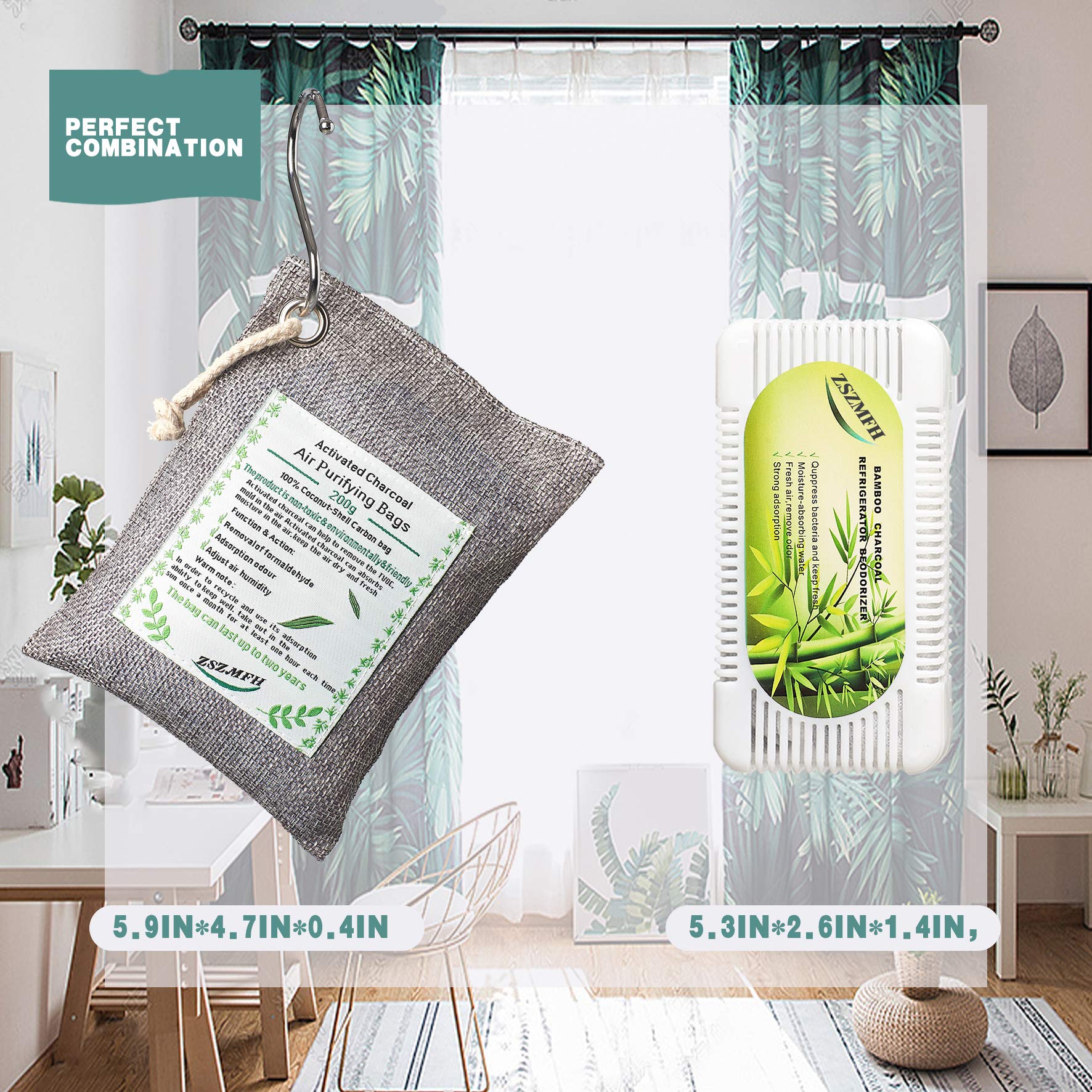 ZSZMFH 3 Pack Activated Charcoal Air Purifying Bags(220g/pack)+3 Pack Refrigerator Deodorizer(50g/Pack),Odor Absorber Bags,100% Coconut-Shell Carbon Bags for Refrigerator,Wardrobe,Car