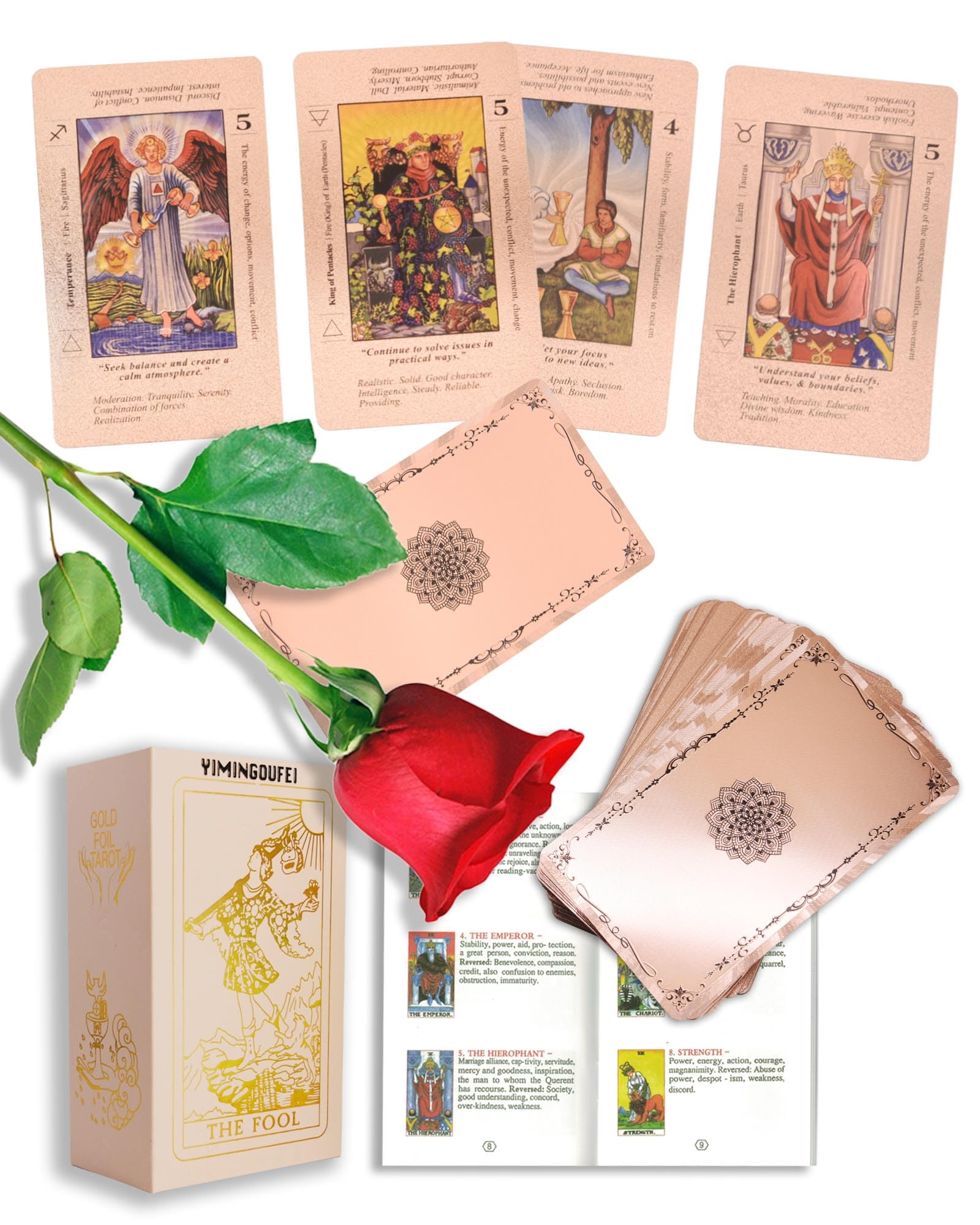 YIMINGOUFEI Rose Gold Tarot Cards Set with Guide Book, 78 Cards, Rose Gold Foil Design, PVC Waterproof, Suitable for Lovers' Gifts — image 1