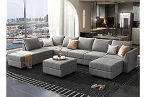 HONBAY Oversized Sectional Sofa with Wide Chaise Reversible Sectional Modular Sofa Couch with Ottomans U Shaped Corner Sectional with Storage for Living Room, Office, Spacious Space,Grey