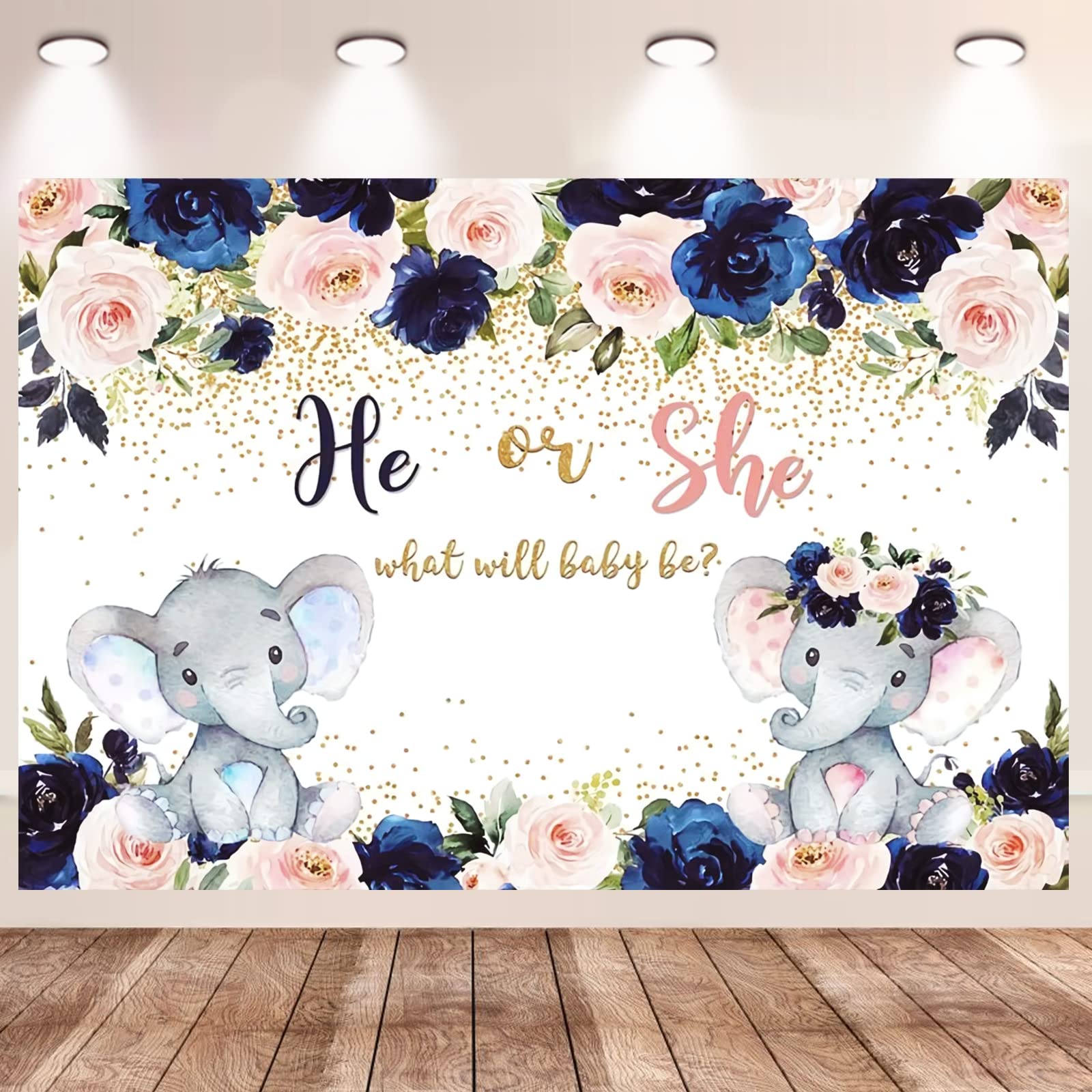 Skystuff Gender Reveal Decorations, He or She Backdrop Banner, Lovely Elephant Pattern Surprise Background for Baby Shower 59 x 39 Inches