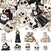 VioraWhite 60 Pcs Halloween Mini Skull Figurines Miniature Skeleton Bulk Tiny Resin Skull Skeleton Bones for Halloween Prank Props Micro Landscape Decor Haunted Dollhouse Accessories