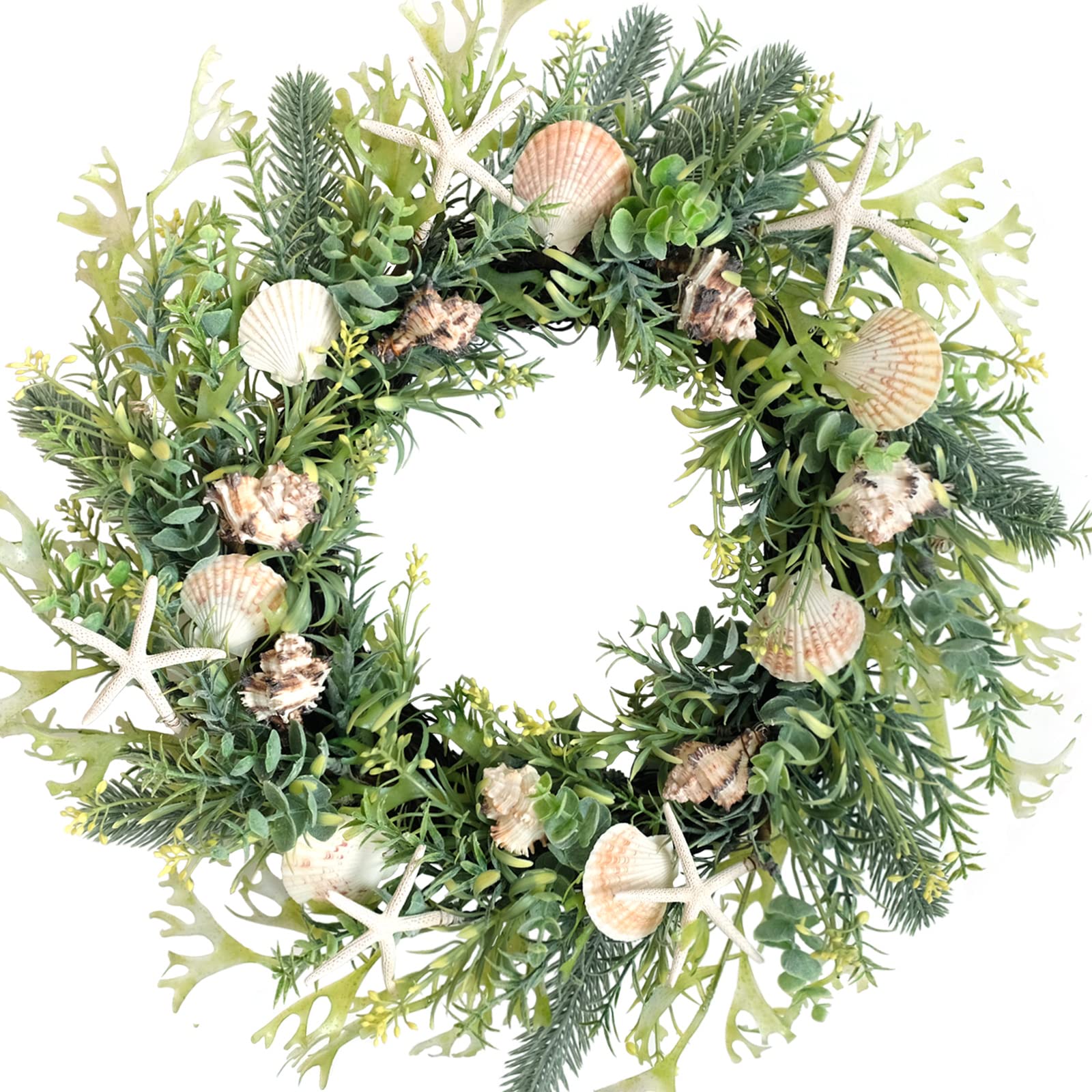 Photo 1 of Idyllic 18 Inch Seashell Wreath with Green Leaves for Front Door and Wedding, Rustic Farmhouse Costal Starfish Conch Shells Wreath for Indoor and Outdoor, Spring Summer Home Decor