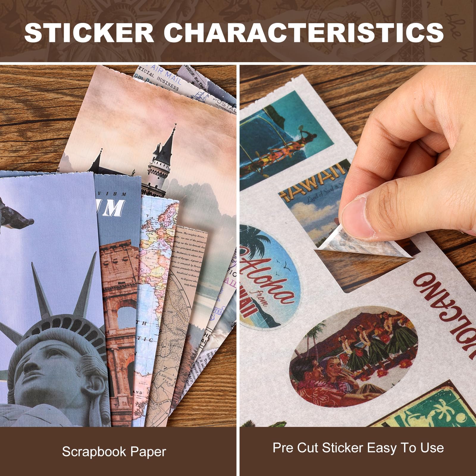 Scrapbook Stickers - 300 Pre-Cut Washi Stickers & 20 Scrapbook Papers for Travel Journaling