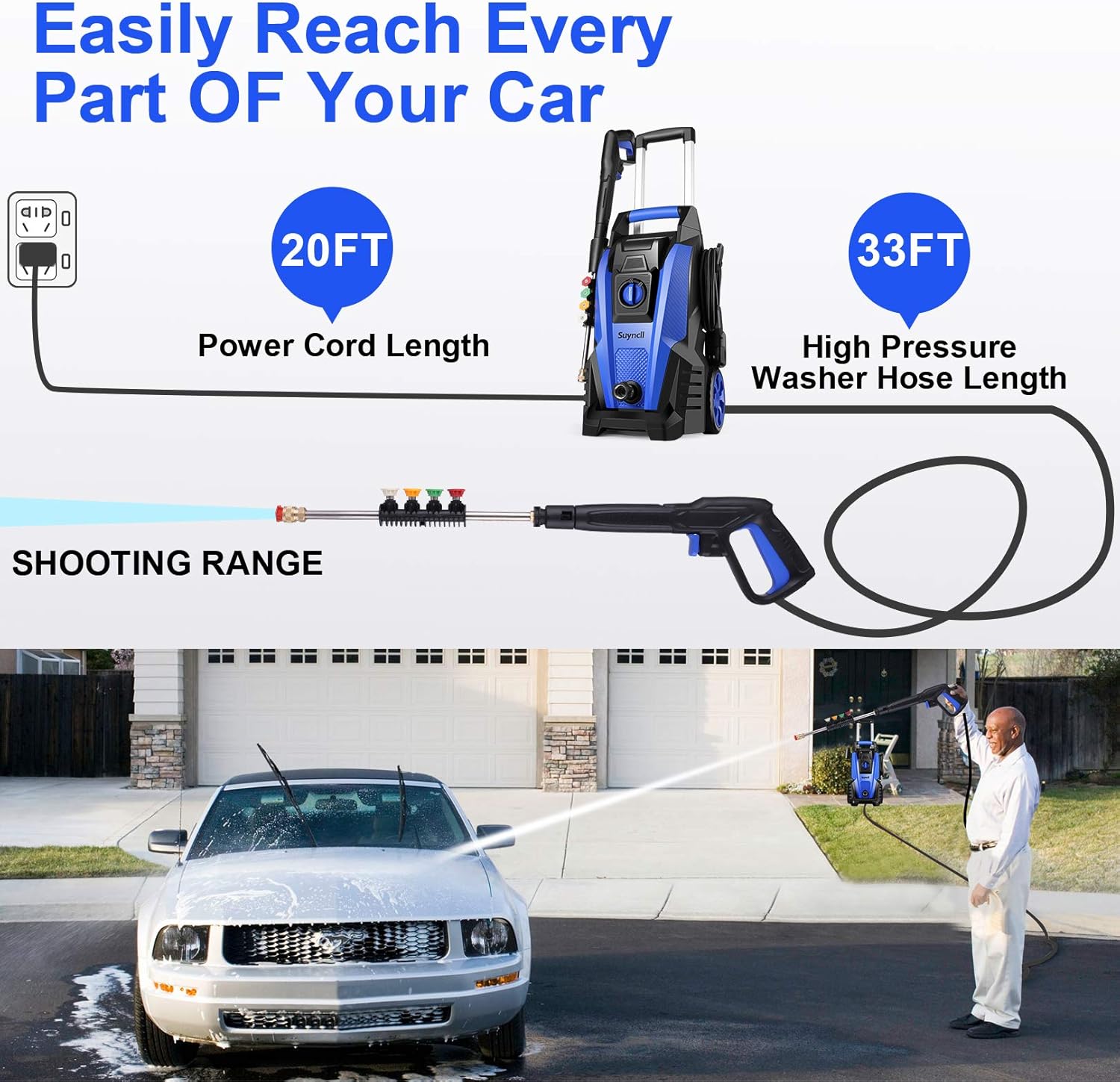 Suyncll Pressure Washer, 3800PSI Electric Power Washer, 2000W High Pressure Washer, Professional Washer Cleaner, with 4 Nozzles, Soap Bottle and Hose Reel, Best for Cleaning Cars, Driveways, Patios : Garden & Outdoor