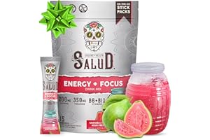 TASTE SALUD Salud 2-in-1 Energy Drink Powder + Focus, Guava, Organic Caffeine, B6 + B12, Theanine, Clean Energy Drink Packets, Guayaba Agua Fresca Mix, Non-GMO, Gluten Free, Vegan, 1g of Sugar, (15 Servings)