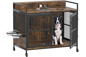 Piskyet Large Dog Crate Furniture, 39'' Heavy Duty Dog Crate Table with Bulit 4 in 1 Charge Station and Storage&360°Rotatable Feeder Stainless Steel Bowls, Double Door Kennel with Wheels, Rustic Brown