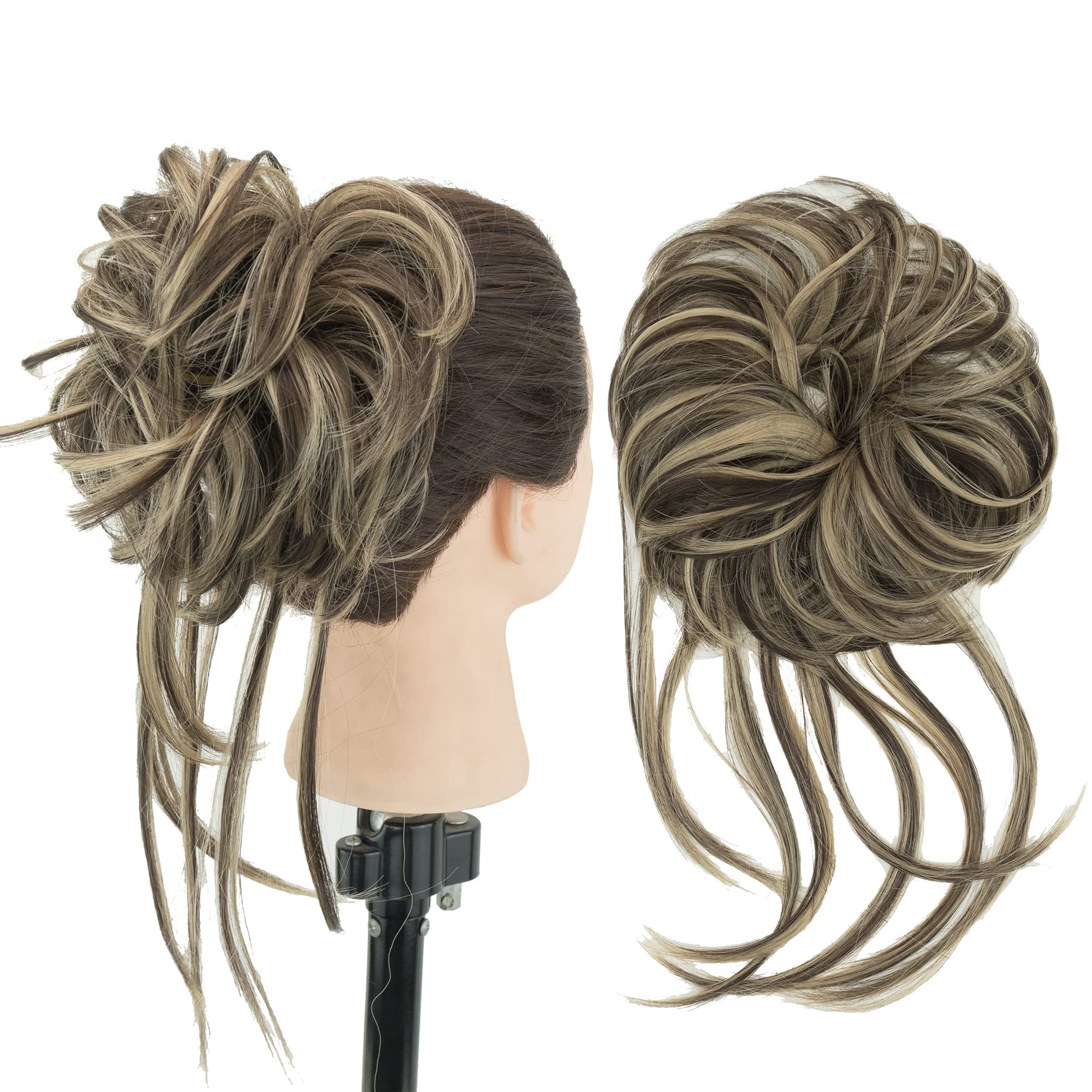 IMISSU 2PCS Messy Hair Bun Piece Updo Long Scrunchies Wrap Ponytail Extension Wavy Hairpieces Chignon Headband (2PCS Brwon Blonde)