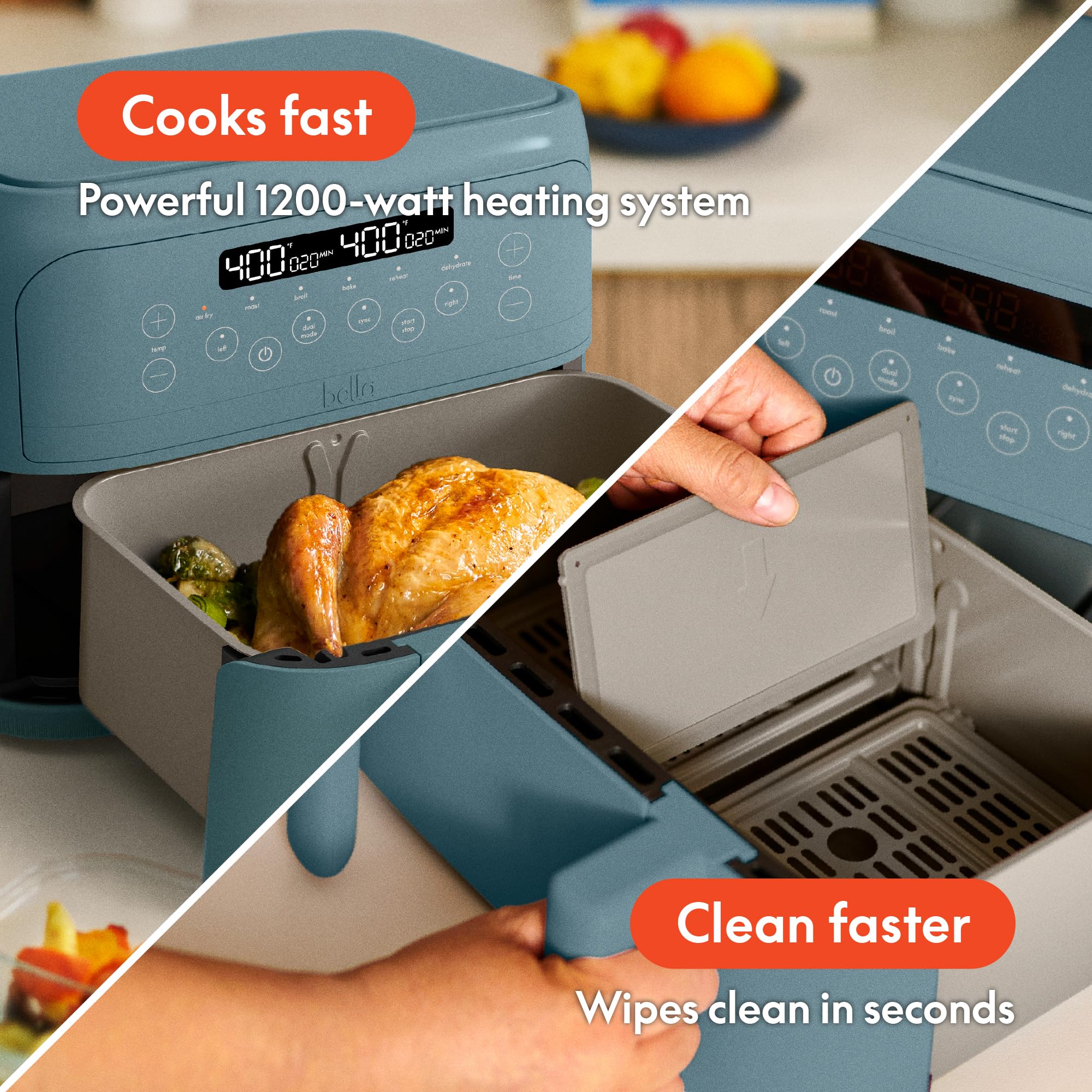 Bella Freidora de aire TriZone de 4 cuartos, revestimiento antiadherente cerámico EverGood™, diseño de canasta doble con divisor extraíble, control de pantalla táctil digital con 6 opciones de cocción preestablecidas, 1200 vatios, capacidad de 3 libras, Surf