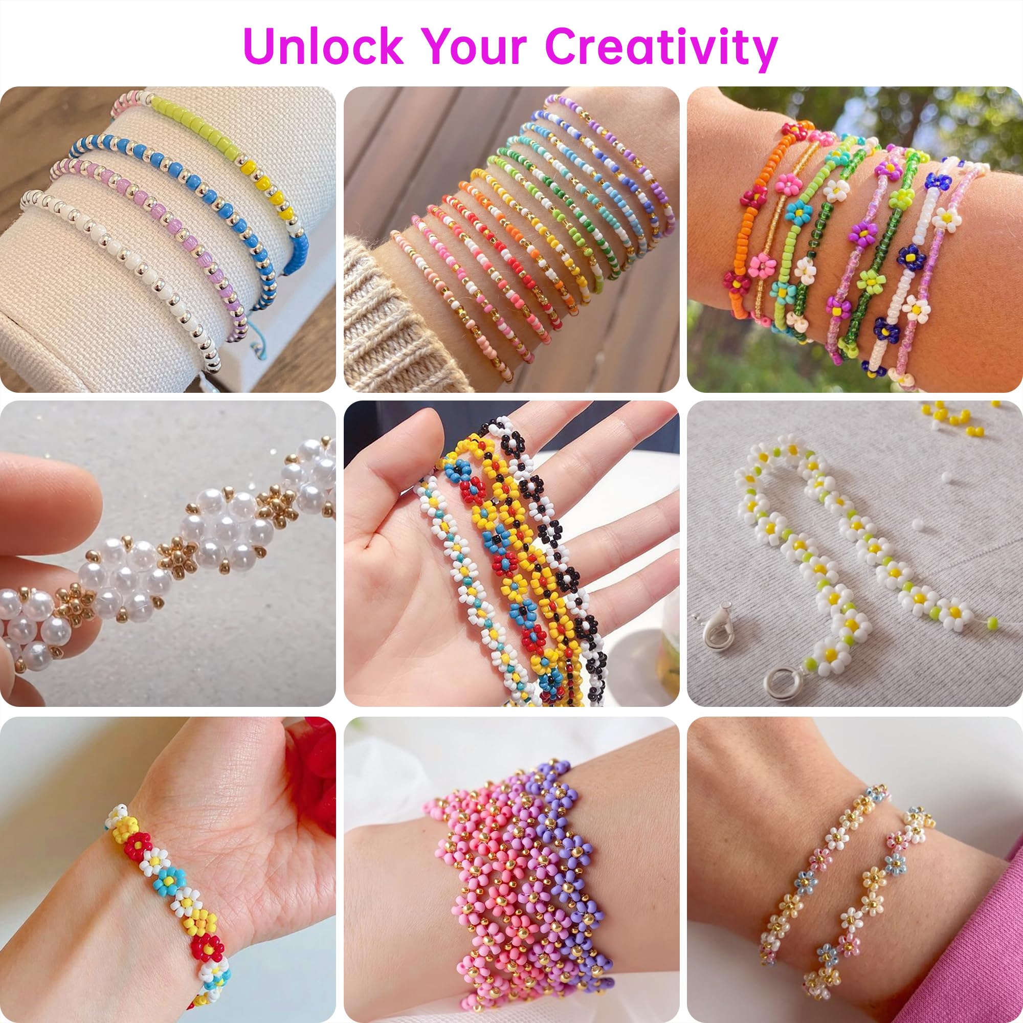 Redtwo 3mm 45000pcs Glass Seed Beads Kit, 7 Boxes 144 Colors Small Beads for Bracelets, Friendship Bracelet Kit with Charms and Letters