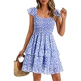 Fessceruna Womens Summer Ruffle Dresses Elastic Empire Waist A-line Layered Swing Flowy Mini Dress