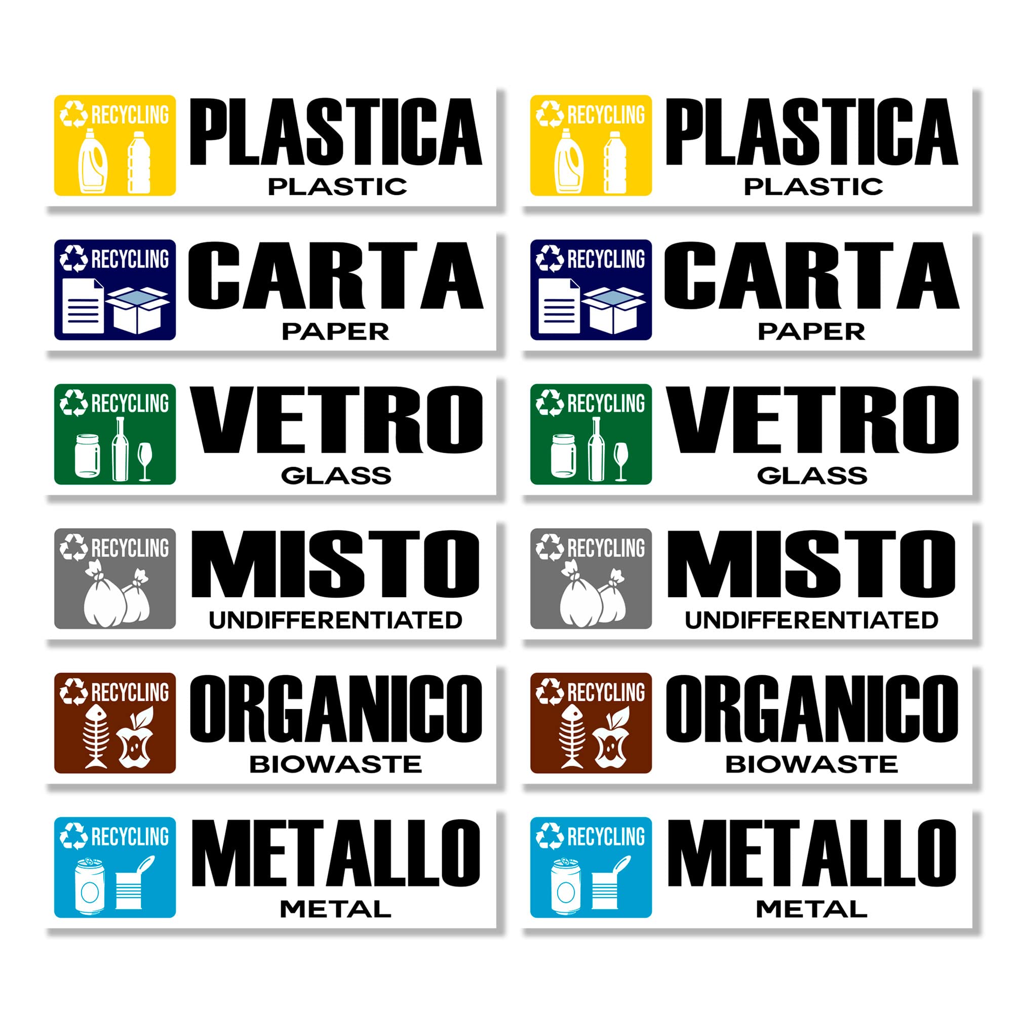 GamesMonkey® - Recycling Stickers for Recycling Garbage V1 – Washable Waterproof Illustrated – Italian English – Conforms to UNI 11686 (15 x 4, 12 Pieces)