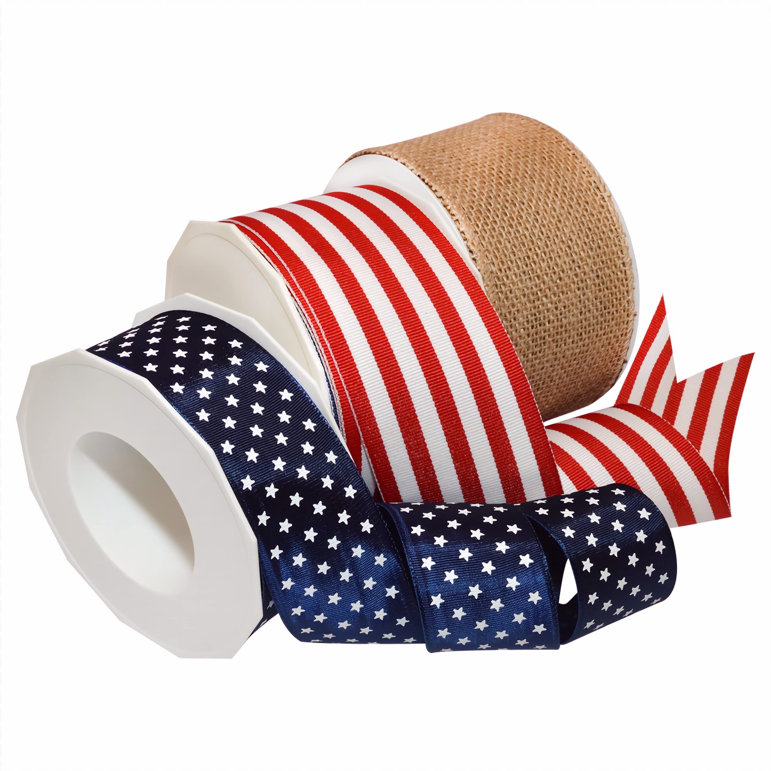Morex Ribbon 1252.60/10P3-914 Burlap Patriotic 52 YD Wired Ribbon, Blue Stars/Red Stripes/Natural (3-Pack), Arts & Crafts Roll for Patriotic Decorations and Americana Thematic Events Image