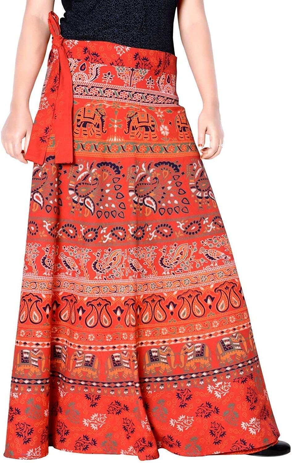 Sangria Rishabh Enterprises Rajasthani Jaipuri Print Long Wrap Around Skirt for Women's & Girls 133 Orange