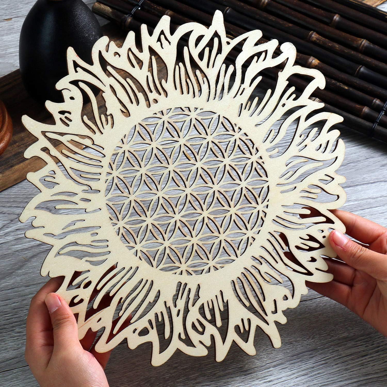Simurg 11.5" Sunflower Flower of life Wall art Wooden Crystal Grid Sacred Geometry Wall Decor Wall Sculpture Home Decor