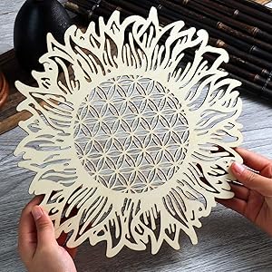 Simurg 11.5" Sunflower Flower of life Wall art Wooden Crystal Grid Sacred Geometry Wall Decor Wall Sculpture Home Decor