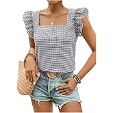 MakeMeChic Women's Gingham Print Blouse Top Square Neck Ruffle Short Sleeve Boho Casual Shirts