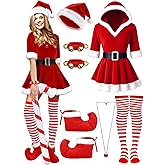 Skicuff 9pcs Women Christmas Santa Claus Costume Mrs Claus Velvet Dress with Belt Striped Knee Socks Hat Gloves Elf Shoes