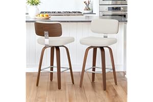 Cozyman Swivel Counter Height Bar Stools Set of 2, 26" Upholstered Seat Barstools with Back Walnut Wood Legs, Mid-Century PU 