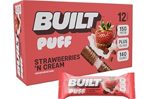 Built Bar, Puff Protein Bars, Strawberries 'N Cream Puff, 15g Protein Snacks, On-The-Go Bars, Only 140 Calories, 8g Sugar, Collagen, Gluten Free, 12 Count