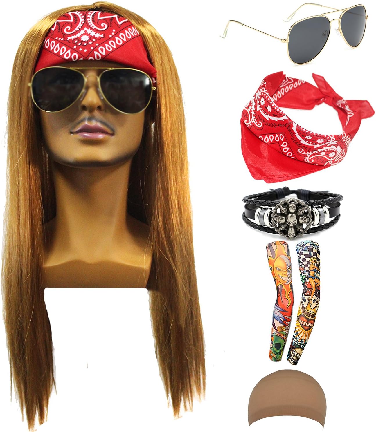 70s 80s 90s Men's Disco Halloween Rock Star Heavy Metal Wig Set Packet of 6