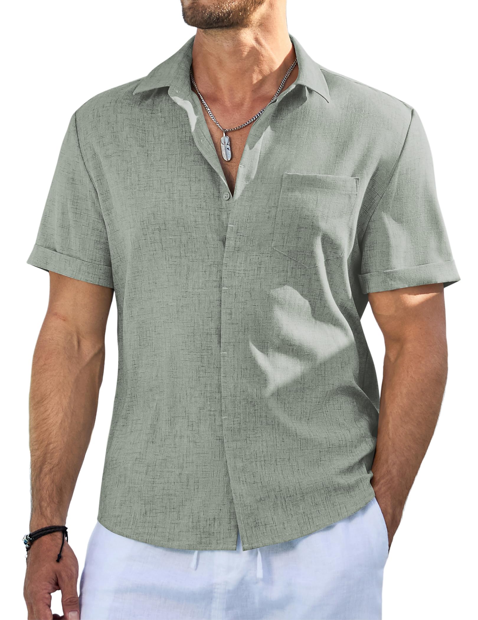 Photo 1 of JMIERR Mens Linen Summer Beach Short Sleeves Casual Button Down Shirts for Man Vacation Tropical Resort Light Shirt with Pockets, M, Laurel Green