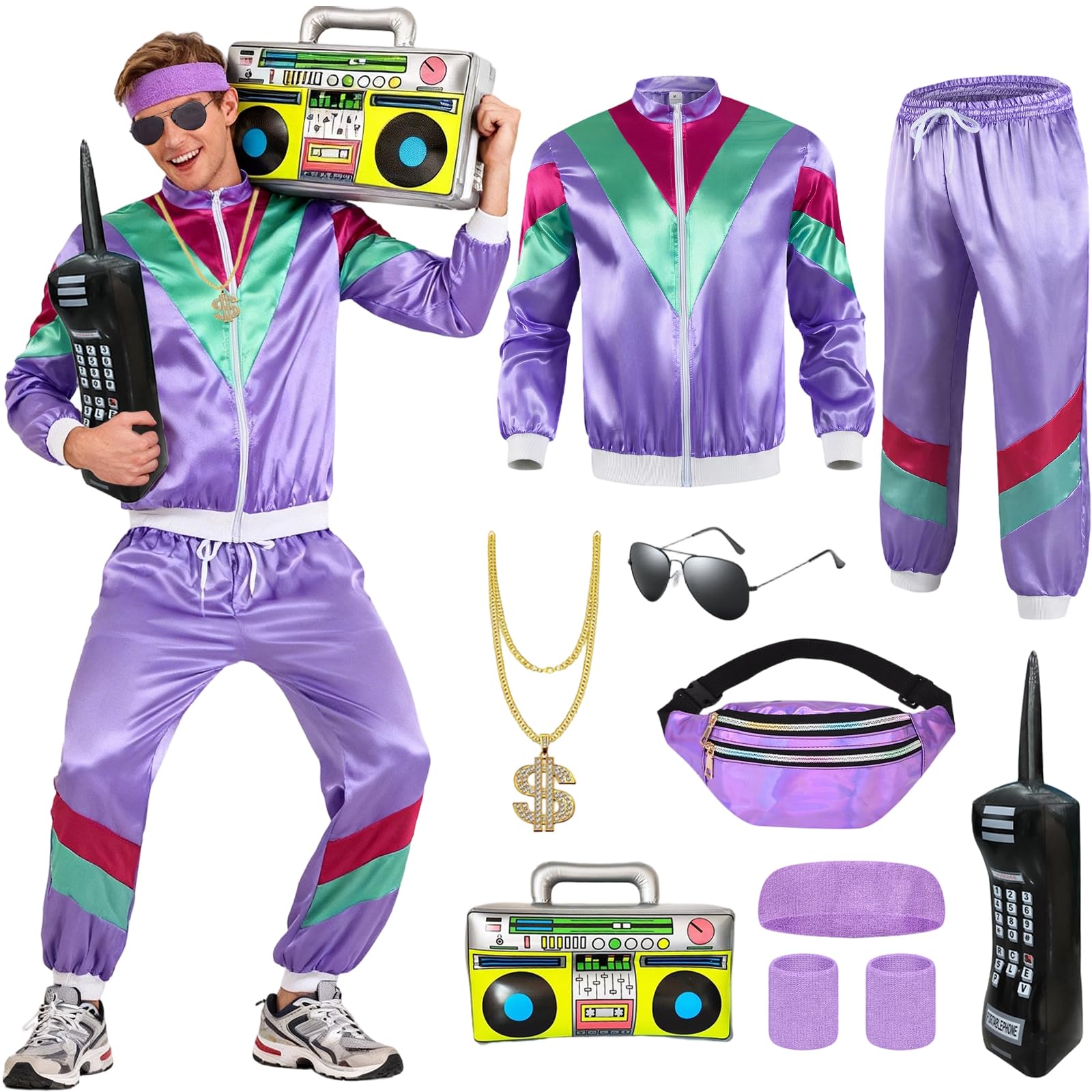 Xerteam 80s 90s Fancy Dress Men with Accessories, Retro 80s 90s Hip Hop Outfit for Adults, 80s Fancy Dress Set with 1 Sportswear Shirt Pant Hat Necklace Balloon Glasses (Purple, M) — image 1