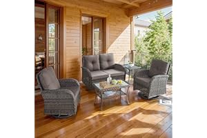 Artfurniz 5 Piece Patio Furniture Set - Wicker Patio Conversation Set with Swivel Glider, Glider Loveseat, Tempered Glass Side Table and Coffee Table for Deck Backyard - Brown Wicker Grey Cushion