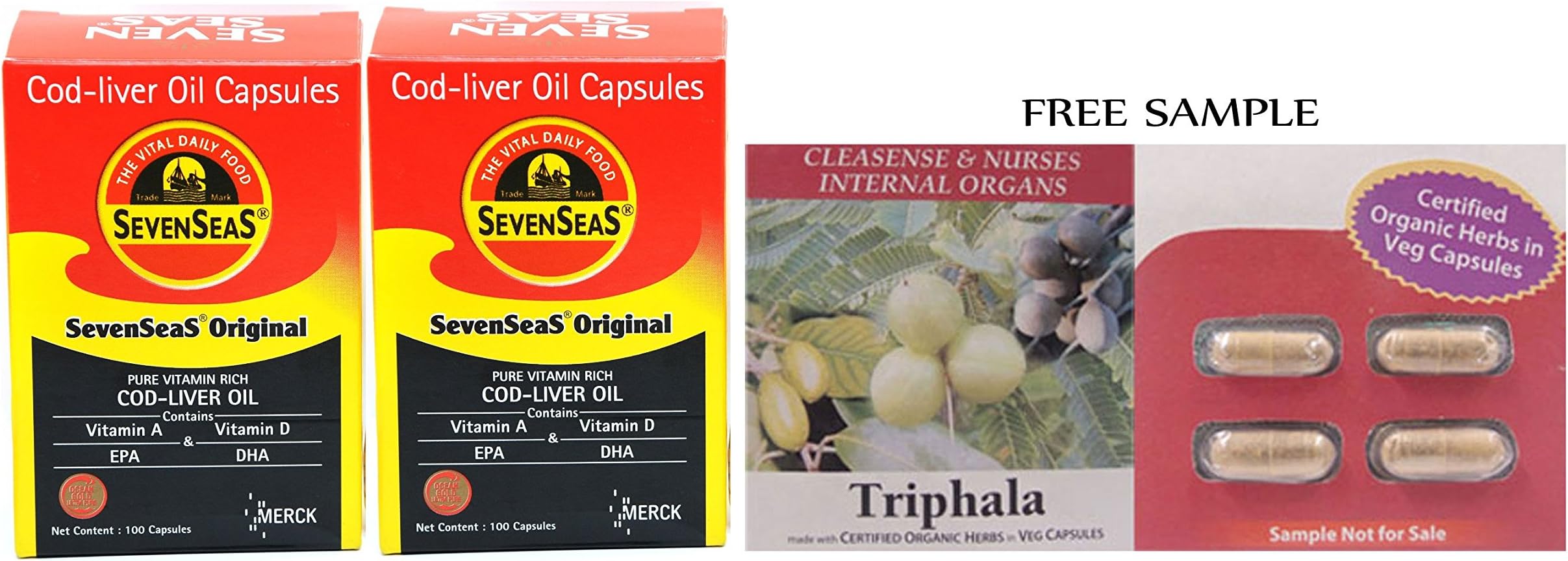 Seven Seas Cod Liver Oil 100 Capsules (Pack of 2) - with Free Product Sample & Free Shipping