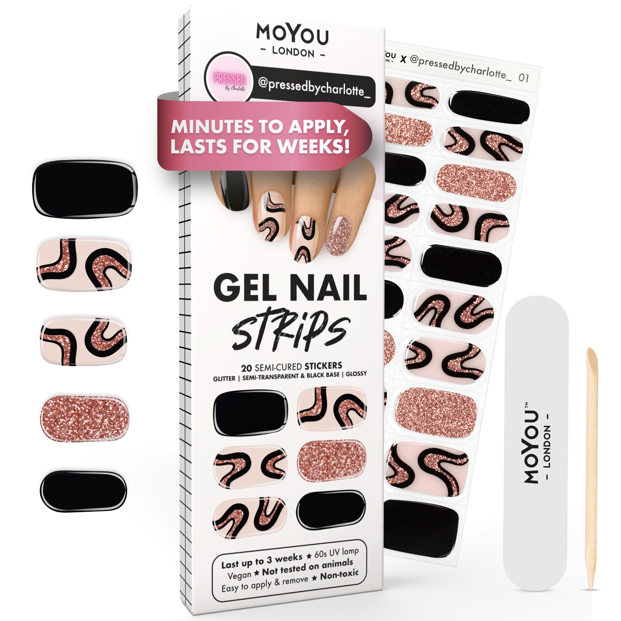 MOYOU LONDON Semi Cured Gel Nail Strips - 20 Pcs. Waterproof Gel Nail Wraps, Cures in Sunlight or UV/LED Lamp, Lasts Up to 2+ Weeks, Stretchable, Easy to Apply & Remove, Vegan & Cruelty-Free