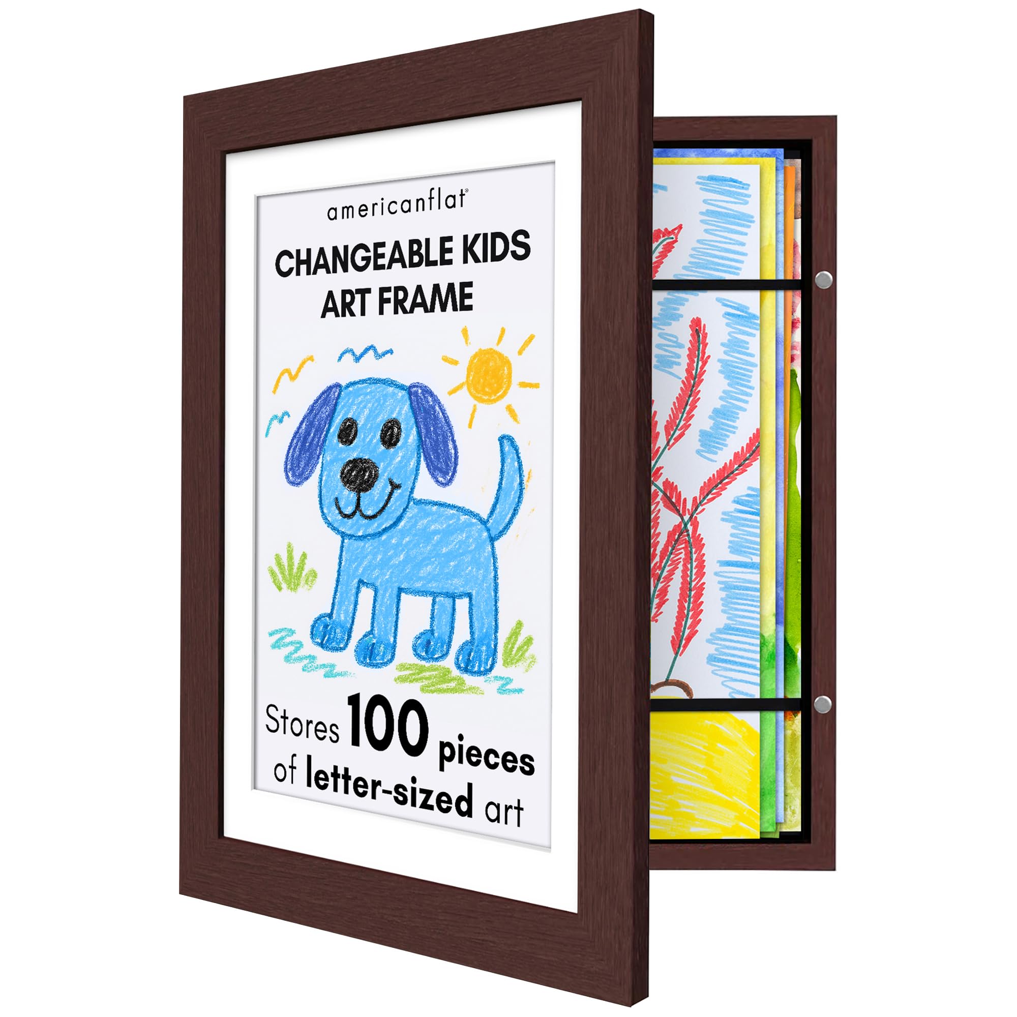 Photo 1 of Kids Artwork Frame Changeable (Mahogany) - Magnetic Door Holds 100 Art Pieces - 8.5x11 Letter Size Display with Mat or 10x12.5 Without Mat - My Mini Masterpiece