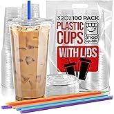 (100 Sets) 32 oz Cups with Lids and Straws, Clear Plastic Cups with Lids and Straws, Disposable Drinking Cups for Cold Drinks, Iced Coffee, Milk Shakes, Smoothies, Bubble Boba Tea