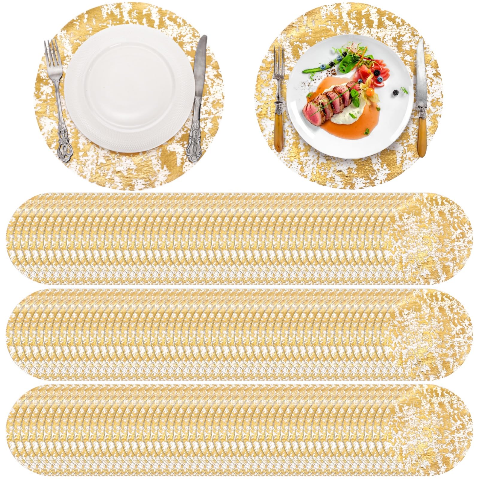 Photo 1 of ZAVOOS 100 Pieces Gold Placemats, 13 Inch Disposable Round Foil Table Mats Bulk, Metallic Mesh Pressed Table Doilies Runners for Home Decor, Dining Table, Birthday Party, Wedding