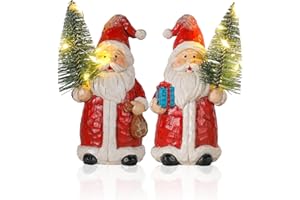 iStatue 2-Pack Lighted Santa Resin Figurines with Christmas Trees, 5" Mini Christmas Decorations, Battery Powered Warm White LED Hand-Painted Tabletop/Mantel Holiday Decor Gifts (Red Santa)