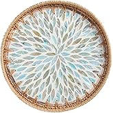 Tynulox Round Rattan Tray with Mother of Pearl Inlay, Rattan Serving Tray for Coffee, Bread, Fruits, Decorative Wicker Tray for Table Decor, Home Decor, Kitchen Island Decor (Ambilight, 11.8")