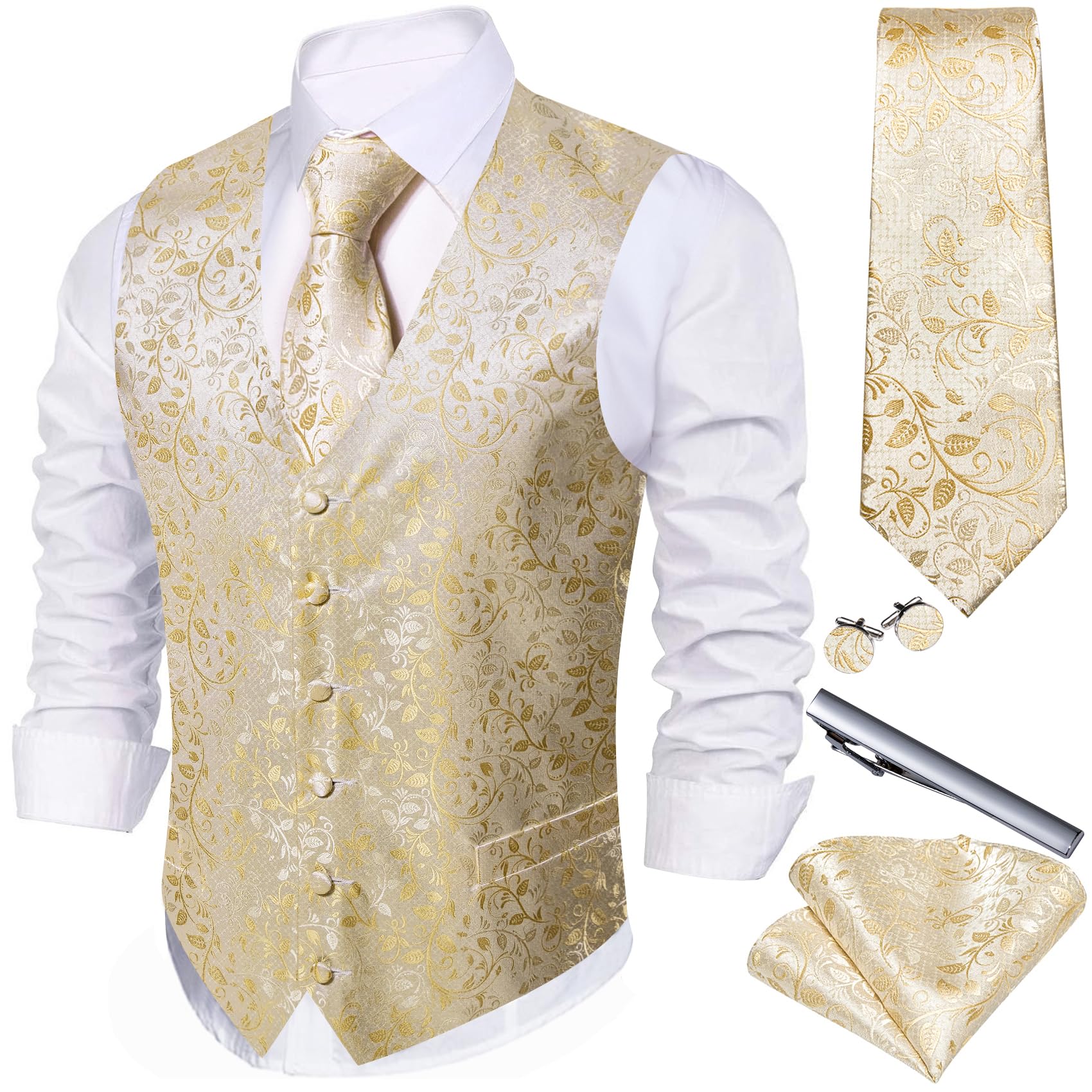 Barry.Wang Champagne Vest for Men Paisley Silk Jacquard Waistcoat Ties Handkerchief Cufflinks Set Business/Leisure 5PCS Image