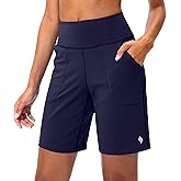 SANTINY Women's Athletic Bermuda Shorts High-Waisted Long Shorts for Women Running Yoga Lounge with Pockets